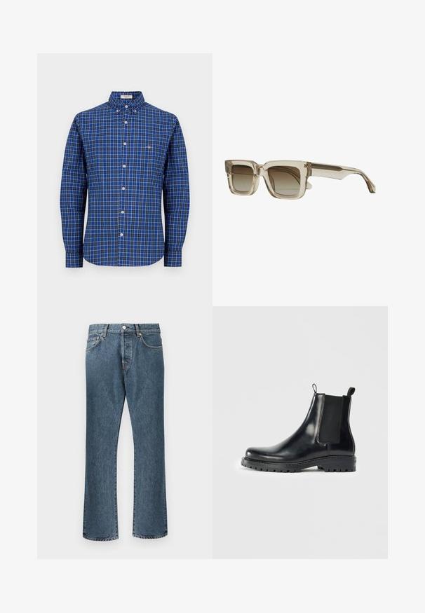 Blauw geruite overhemd met lange mouwen, knoopsluiting, witte knopen en klein logo op de linkerborst. Katoenen materiaal, relaxte pasvorm.; Blauwe spijkerbroeken met een rechte pijp, uitgerust met een klassieke knoop- en rits sluiting, vijf zakken en subtiele vervaging.; Zwarte leren Chelsea laarzen met elastische zijpanelen, een lus voor gemakkelijke aan- en uittrekken, en een robuuste rubberen zool met een gestructureerde grip.; Vierkante zonnebril met een doorzichtig beige montuur en een gradueel bruine lens. De pootjes zijn slank en hebben een subtiel ontwerpelement.