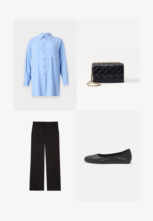 Light blue, long-sleeved button-up shirt with a collar, single chest pocket, and smooth fabric texture; features matching buttons.; Black tailored trousers made of a smooth fabric, featuring a straight-leg design, and two side pockets. Elegant and minimalistic construction.; Black leather ballet flat with a rounded toe, smooth texture, minimal stitching detail, and a flexible sole design.; Black quilted leather handbag with a gold chain strap, featuring a logo accent on the front and a rectangular shape.