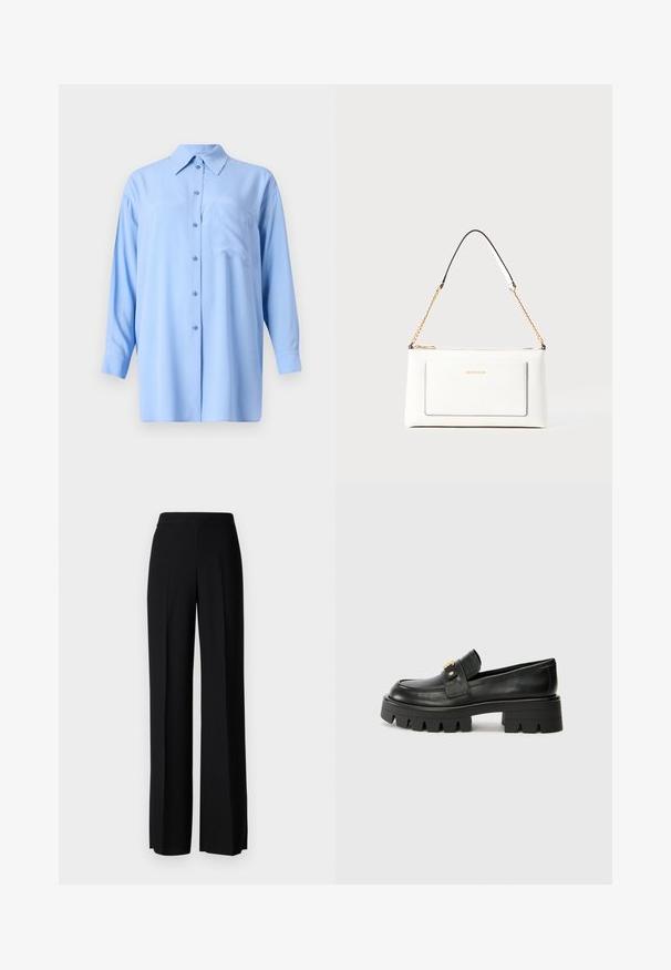 Lyseblå, langærmet skjorte med knapper og krave, enkelt brystlomme og glat stofstruktur; har matchende knapper.; Sorte vide benbukser med en glat tekstur, der har en høj talje og centerfolder. Ingen synlige mønstre eller hardware detaljer.; Sorte læder loafers med en kraftig sål, prydet med en guldfarvet detalje på fronten og en glat finish. Kraftigt mønster designet på sålen.; Hvid lædertaske med tekstureret overflade, med en guldkædetras og sorte detaljer. Indeholder en frontlomme og lynlås lukning.
