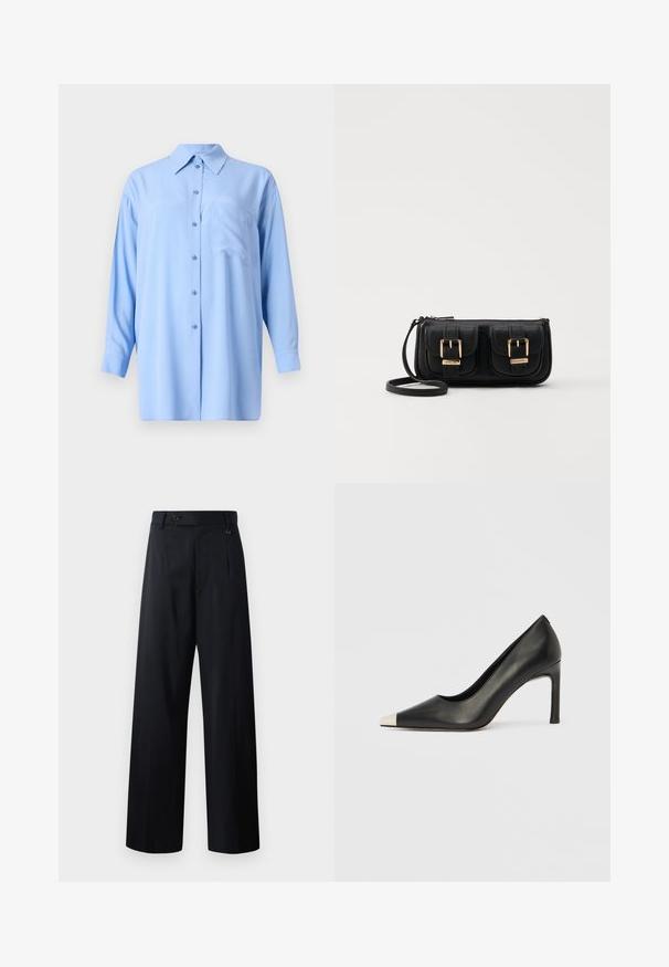 Lyseblå, langærmet skjorte med knapper og krave, enkelt brystlomme og glat stofstruktur; har matchende knapper.; Bredde ben bukser i mørk navy, med knaplukning, frontfolder og glat stof med et rent, skræddersyet design.; Sort læder højhælet sko med spids tå og metal-sølv hætte. Har en glat finish og en slank hæl på 10 cm.; Sort læder crossbody taske med to frontlommer, guldspænder, lynlåslukning og en slank rem. Struktureret overflade og kompakt rektangulær form.