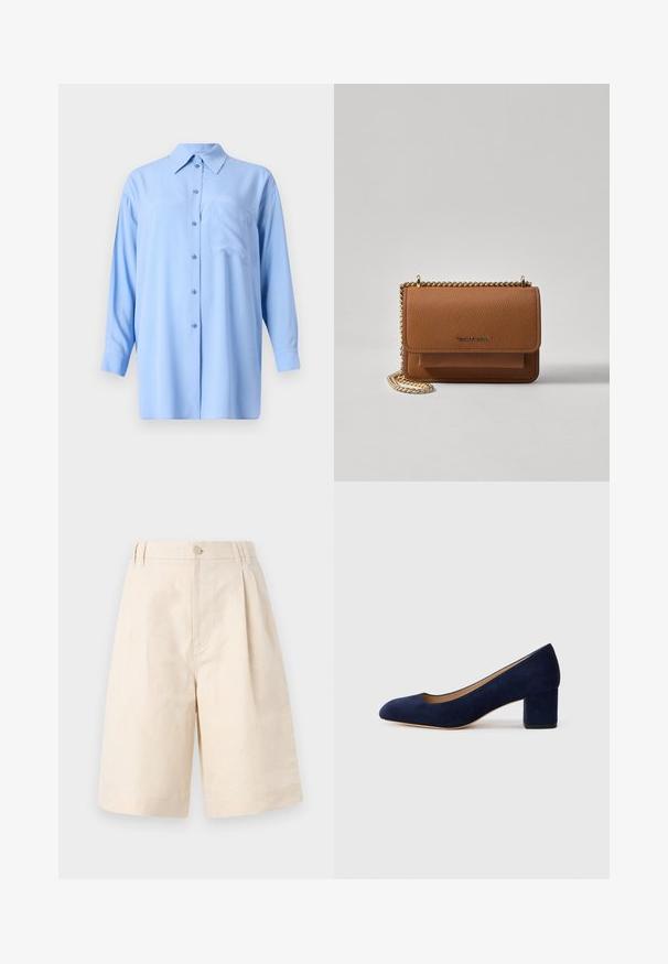 Camicia azzurra chiara, con maniche lunghe e bottoni, con colletto, taschino sul petto e una texture di tessuto liscia; presenta bottoni abbinati.; Pantaloni shorts in lino beige con una vestibilità rilassata, dotati di chiusura con bottone, design plissettato e taglio lungo fino al ginocchio. Tessuto morbido e stile semplice.; Pump in suede blu Navy con punta affusolata e tacco blocco di media altezza. Texture liscia con una leggera lucentezza e un piccolo taglio sul davanti.; Borsa a tracolla in pelle marrone con texture, dotata di catena dorata e chiusura a pattina. Sul davanti presenta un dettaglio con logo e una tasca sotto la pattina.