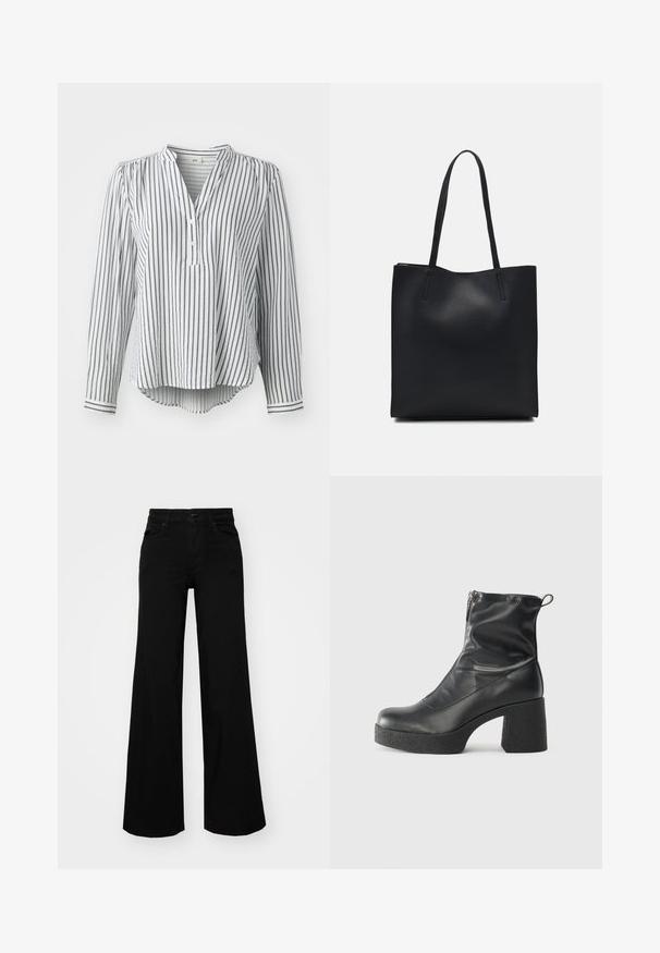 Camicia bianca a maniche lunghe con strisce verticali blu, caratterizzata da un colletto a placca, chiusura con bottoni e orlo curvo. Realizzata in tessuto leggero.; Pantaloni neri a gamba larga in denim, con una vita strutturata, passanti per la cintura e tasche frontali. Texture liscia con un design classico.; Stivali neri alla caviglia in pelle liscia, con zip laterale, tacco spesso e texture, e punta arrotondata.; Borsa tote in pelle nera con texture liscia, forma rettangolare e due manici lunghi. Nessun hardware o decorazione visibile.