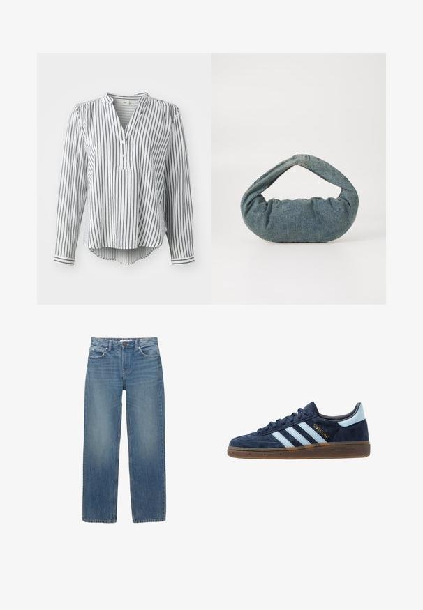 Bela dolga majica z dolgimi rokavi z mornarsko modrimi navpičnimi črtami, ki ima ovratnik s placket, z zapiranjem na gumb in zaobljenim robom. Narejena iz lahkotnega materiala.; Svetlo modri denim kavbojke s ravnim krojem, petimi žepi in bakrenimi dodatki. Tkanina ima rahlo zbledel videz in gladko teksturo.; Mornarsko modri velur Adidas športni copati z svetlo modrimi črtami, gumijastim podplatom, svetlo modrim petnim jezičkom in zlatim oznako "Spezial" na strani.; Modra denimska torba s oblazinjeno, zaobljeno obliko in ukrivljenim ročajem. Tekstura je mehka, z vidnimi šivi in gladko površino.