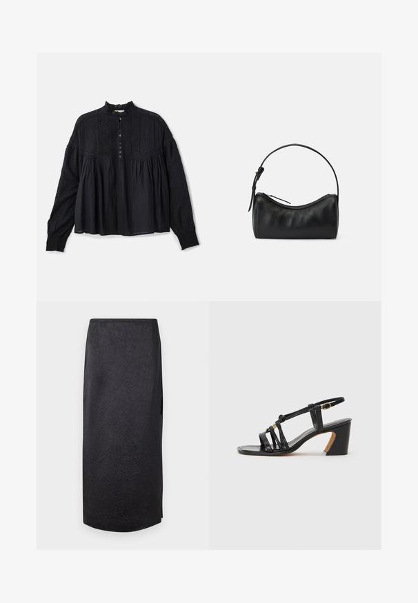 Vanessa Bruno DAHLIA - Blúz - noir; Fekete midi szoknya gyűrött textúrával, egyenes szabással és oldalsó hasítékkal. Az anyag könnyűnek tűnik. A szoknya alja kissé kerekített.; Paul Smith AMIRA - Klasszikus sarkú cipők - black; Fekete bőr válltáska ívelt formával, cipzáros záródással és vékony pánttal. Simaságot és diszkrét varrási részleteket kínál.