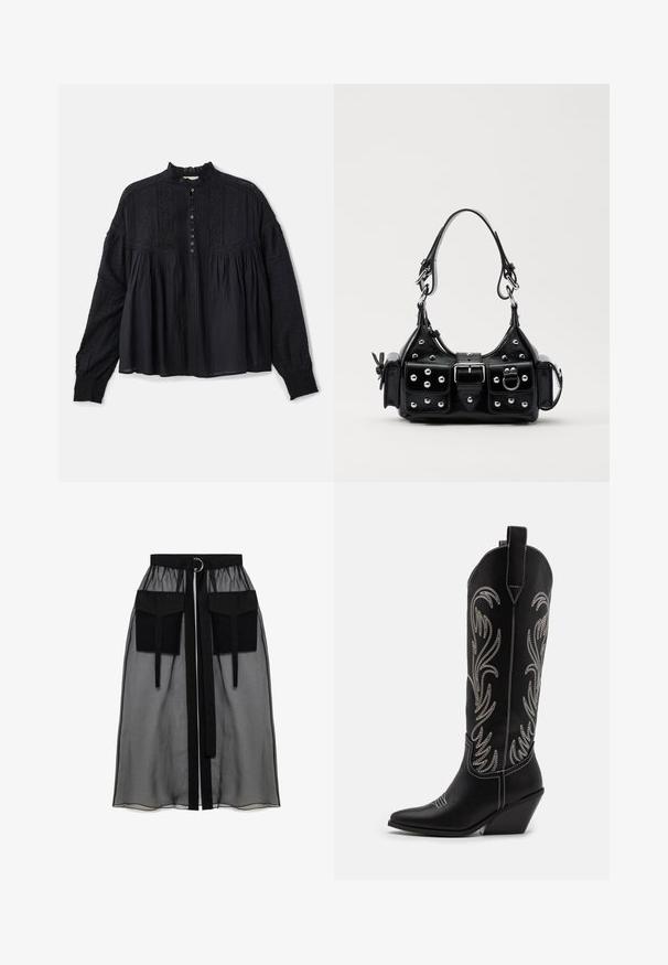 Vanessa Bruno DAHLIA - Blouse - noir; Zwarte doorschijnende rok met een verzameld tailleband, voorzien van twee grote voorzakken, een tailleband met strik en een ronde metalen accent.; Zwarte leren cowboylaarzen met spitse neuzen, wiggenhakken en zilver geborduurde bloemmotieven langs de schacht. Contrasterende stiksels overal.; Zwarte lederen handtas met een gebogen ontwerp, voorzien van zilveren studs, een gesp en twee zijvakken. Verstelbare schouderband voor verschillende draagmogelijkheden.