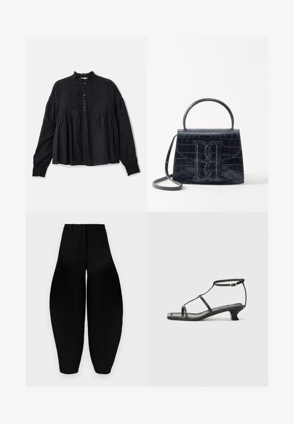 Vanessa Bruno DAHLIA - Blouse - noir; Black wide-leg trousers with a high waist, pleated front, and tapered ankles. Made from smooth fabric with a matte finish.; Black leather sandal with a square toe, thin straps, adjustable ankle strap, and a low heel. Features a small gold accent on the strap.; Black crocodile-embossed leather handbag with a structured design, top handle, adjustable strap, and a prominent front logo detail.