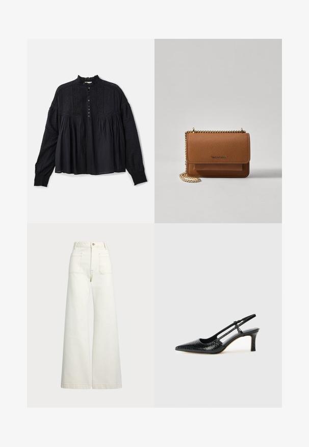 Vanessa Bruno DAHLIA czarny; Spodnie dżinsowe o szerokich nogawkach w odcieniu off-white. Wysoki stan z zapięciem na guzik, dwiema kieszeniami z przodu i detalami z kontrastowym przeszyciem.; Czarne lakierowane czółenka na obcasie typu slingback z wąskim noskiem, z teksturowanym wzorem wężowym, regulowanym paskiem oraz krótkim, teksturowanym obcasem w kształcie słupka.; Brązowa skórzana torba na ramię z teksturą, z złotym łańcuszkiem i zapięciem na klapkę. Z przodu znajduje się detal z logo oraz kieszeń pod klapką.