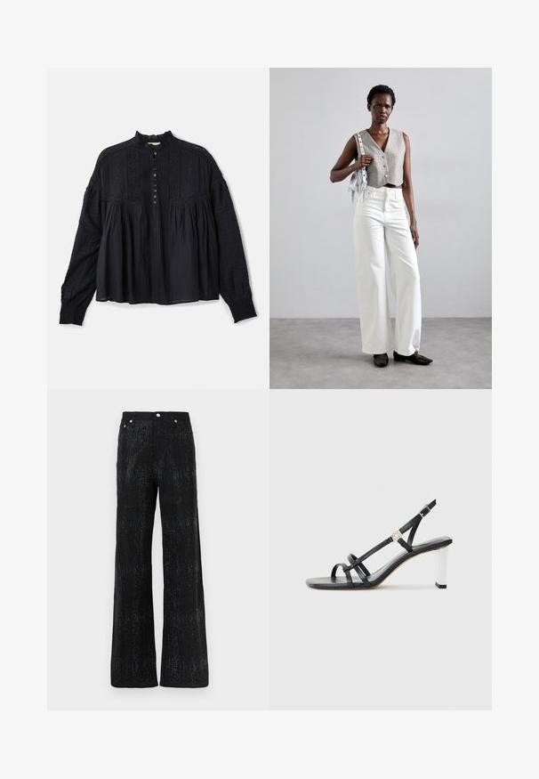 Vanessa Bruno DAHLIA - Bluse - noir; Sorte bukser med brede ben og en tekstureret overflade, der har et glitrende mønster. Afsluttet med et standard taljebånd og metal knapdetaljer.; Sorte hælede sandaler med flere smalle remme, et slingback-design og en sølvaccent på hælen. Glat overflademateriale og firkantet hæl.; Grå cropped vest med knapper, parret med hvide wide-leg jeans og sorte flade sko. Accepteret med en lille sølv frynse taske.