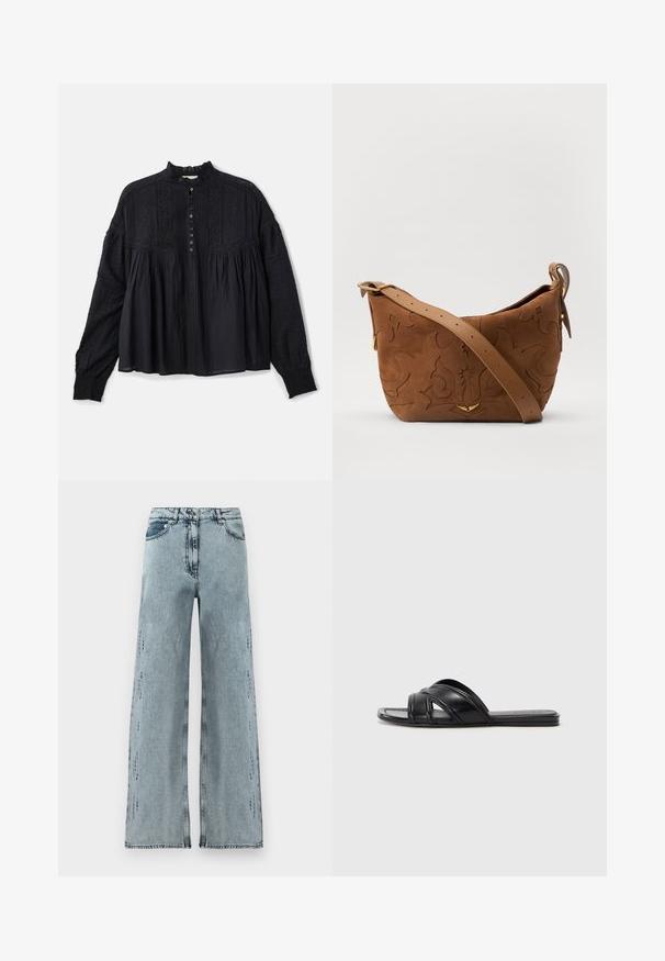 Vanessa Bruno DAHLIA - Blouse - noir; Jeans en denim bleu clair à jambes larges, avec une taille haute, des détails subtils d'usure et une coupe ample avec des jambes droites.; Sandales noires à glissière avec une finition en cuir lisse, présentant des lanières croisées et des découpes, ainsi qu'une semelle plate et flexible.; Sac à épaule en suede marron avec un motif floral en relief, complété par une bandoulière en cuir marron lisse et des accents en métal doré.