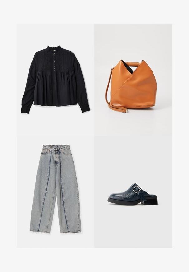 Vanessa Bruno DAHLIA - Blouse - noir; Jeans larges bleu clair avec des bords effilochés, une taille haute et des coutures contrastantes. Fabriqués en denim, présentant une coupe décontractée et un minimum d'usure.; Sabot en cuir bleu marine avec une finition texturée, présentant une sangle latérale et une boucle en argent, reposant sur un petit talon noir avec une semelle robuste.; Sac à main en cuir tan avec un design de pli triangulaire unique, poignées supérieures et une bandoulière détachable sur fond blanc.