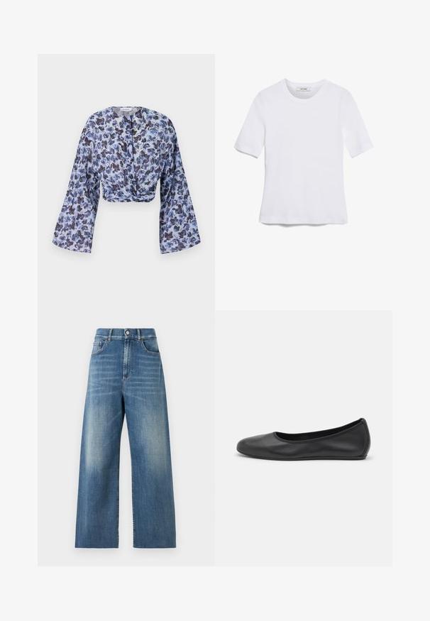 Rövidített blúz könnyű, áttetsző anyagból kék virágmintával. Hosszú, bővülő ujjakkal és csavart elülső dizájnnal rendelkezik.; Fehér, rövid ujjú póló ribbed anyagból. Kerek nyakkivágás, normál szabás és diszkrét varrási részletek. Nincsenek minták vagy grafikák.; Magas derekú, bő szárú farmernadrág kék denimből, megfakult felülettel. Jellemzői közé tartozik a két elülső zseb és az egy gombos zárás.; Fekete bőr balettcipő lekerekített orral, sima tekstúrával, minimális varrással és rugalmas talp kialakítással.
