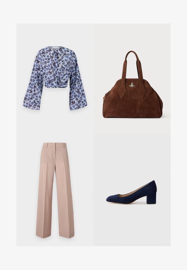 Κοντό μπλουζάκι από ελαφρύ, διαφανές ύφασμα με μπλε λουλουδάτο σχέδιο. Διαθέτει μακριά, φαρδιά μανίκια και στριμμένη σχεδίαση μπροστά.; Φαρδιά παντελόνια από απαλό ροζ ύφασμα, με επίπεδη μπροστινή πλευρά, ζώνη με θηλιές και λεία υφή.; Ναυτικό μπλε σουέτ γόβες με αιχμηρή μύτη και μεσαίο φαρδύ τακούνι. Λείο υλικό με απαλό γυαλιστερό φινίρισμα και μικρή κοπή εμπρός.; Καφέ σουέτ τσάντα χειρός με δομημένο σχήμα, στρογγυλή σιλουέτα και επιμηκυμένες διαμαντένιες λαβές. Διαθέτει κλείσιμο από ασημί υλικό.