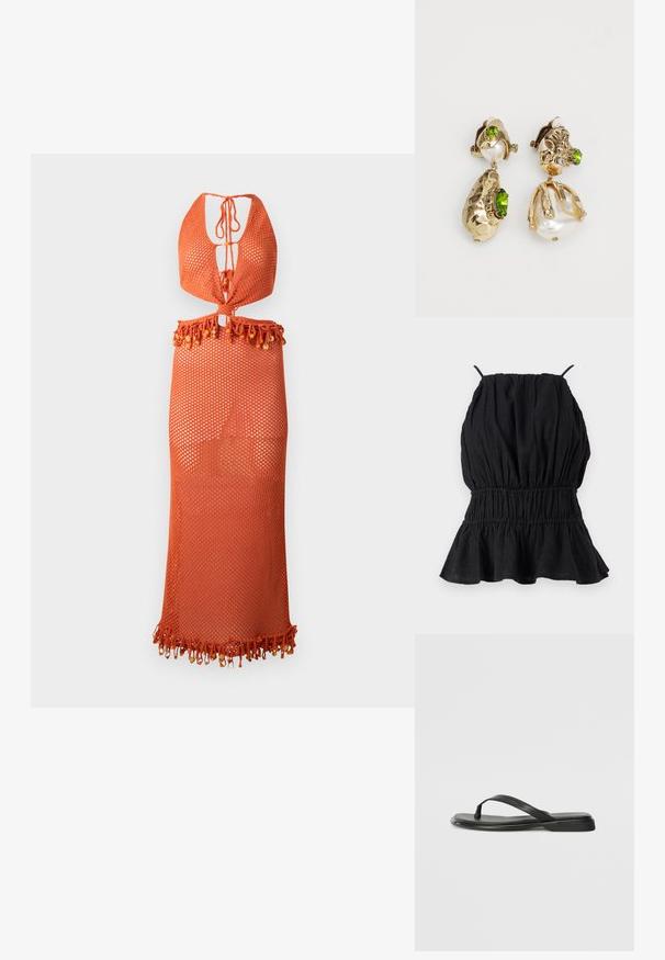 Top senza maniche nero realizzato in tessuto testurizzato, con un corpetto arricciato e un orlo svasato. Sottile spalline si estendono dalla scollatura.; Abito arancione in rete con design a collare halter, caratterizzato da una chiusura con lacci e un orlo frangiato decorato con perline. Leggero e semi-trasparente.; Infradito neri in pelle liscia, con un design a fascia sottile e una suola piatta dal profilo minimale. Nessun motivo o accento particolare.; Borsa a spalla in paglia intrecciata con forma curva, dotata di una tracolla in pelle scura e superficie testurizzata con motivo a zigzag.; Orecchini in tono dorato caratterizzati da forme irregolari e texture, adornati con gemme verdi e perle bianche, fissati con chiusure a clip.