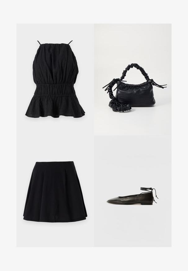 Black sleeveless top made of textured fabric, featuring a gathered bodice and flared hem. Thin straps extend from the neckline.; Black cotton skirt with a flared silhouette, featuring pleats along the waist area and a smooth texture. Suitable for casual wear.; Black leather ballet flats with a pointed toe, ankle tie, and flat sole, featuring a smooth texture and minimalistic design.; Black faux leather handbag with a crocodile texture, cinched top, and a scrunched strap. Appears soft and compact in design.