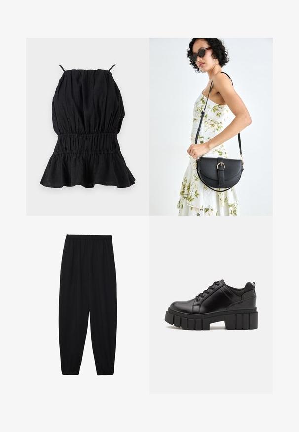 Top sans manches noir en tissu texturé, avec un buste froncé et un ourlet évasé. Des bretelles fines s'étendent du décolleté.; Pantalons noirs légers avec une taille élastique et des chevilles froncées. Le tissu est lisse et présente un design décontracté et fuselé.; Chaussures à plateforme en cuir noir avec un talon bloc épais, bout rond et un design traditionnel à lacets. Elles présentent une texture lisse et un détail minimal.; Sac à main en cuir noir avec une forme courbée, bandoulière amovible et des accessoires en or. Le sac est doté d'un rabat avec un détail de boucle.