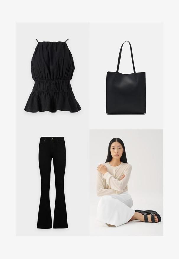 Must tõmbluku ja hõreda tekstiiliga must ilma varrukateta top, millel on volditud rinnaosa ja laienev ääreosa. Õhukesed rihmad ulatuvad kaelusest.; Mustad kõrge vöökohtadega teksad, millel on nööp ja lukuga sulgemine, esikäe taskud ja laienevad sääred, asetatud tasasele valgele taustale.; Heledbež kattega pikkade varrukatega nupuga särk, millele on paigutatud valge seelik; mudel kannab musti rihmaga sandaale ja istub käed risti.; Mustast nahast kott sujuva tekstuuriga, ristkülikukujuline ja kahe pika sangaga. Pole nähtavat riistvara ega kaunistusi.