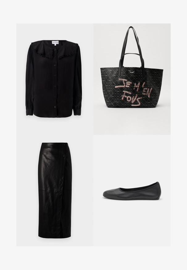 Juoda ilgomis rankovėmis bluzonė su raukšlėtu apykakle, priekiniais mygtukais ir siaurėjančiais rankogaliais. Pagaminta iš lygaus audinio su subtiliu švytėjimu.; Juoda odinė midi sijonas su surišimo dizainu, turintis šoninius mygtukus, lygią tekstūrą ir tiesią siluetą.; Juodai odiniai baletai su apvaliu pirštu, lygi texture, minimalus siuvimo detales ir lanksčiu padų dizainu.; Juodas tote krepšys su tekstūruotu paviršiumi, turintis deimanto raštą, petines diržes ir ryškiai raudonai baltą tekstą „JE M'EN FOUS.“