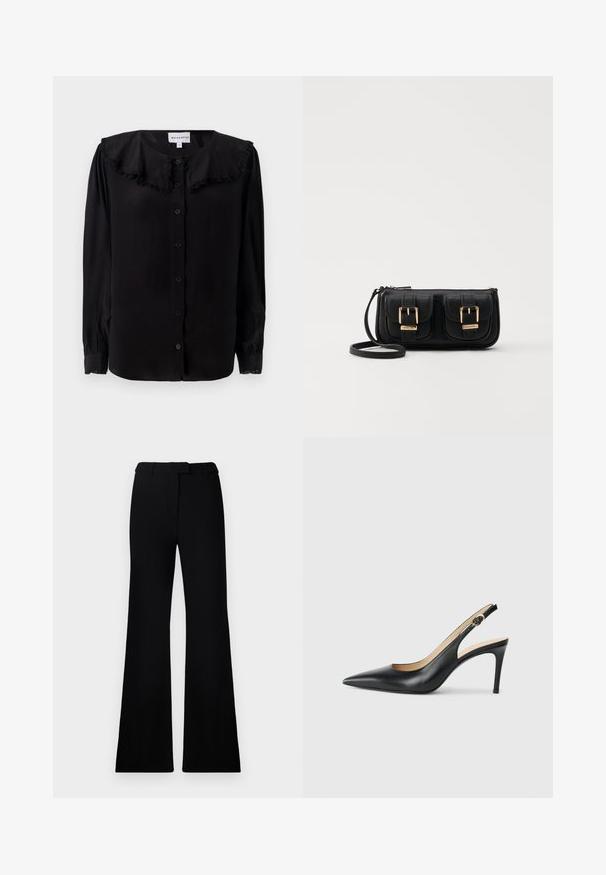 Čierna blúzka s dlhým rukávom, volánikový golier, predné gombíky a zúžené manžety. Vyrobená z hladkej látky s jemným leskom.; Čierne rozšírené nohavice s hladkou textúrou, prispôsobeným pásom a prednými vreckami, navrhnuté s elegantnou, modernou siluetou.; Čierne kožené lodičky na odkryté päte s špicatou špičkou, nastaviteľným pásikom a elegantným ihlovým podpätkom, s hladkým povrchom.; Čierna kožená crossbody taška s dvoma prednými vreckami, zlatými sponami, zipsovým uzatváraním a úzkym popruhom. Štruktúrovaný povrch a kompaktný obdĺžnikový tvar.