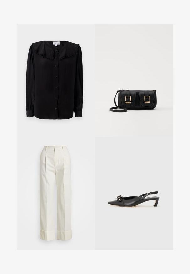 Must mustrinda blouse mustade pikade varrukatega, volditud kraega, esipainutustega ja kitsenevate mansettidega. Valmistatud sujuvast kangast, millel on kerge sära.; Valged kohandatud püksid, millel on kõrge talje, topeltesine voldid ja laiad sääred volditud äärtega. Valmistatud siledast, tekstureeritud kangast.; Must must nahk slingback kingad terava varbaga, väikese kontsaga ja dekoratiivse pandlaga ülaosas. Sile tekstuur, minimalistlik disain.; Must küllastamata nahast õlakott, millel on kaks esist nähtavat taskut, kuldsed pandlad, tõmblukuga sulgemine ja peen rihm. Tekstuuriga pind ja kompaktne ristkülikukujuline kuju.