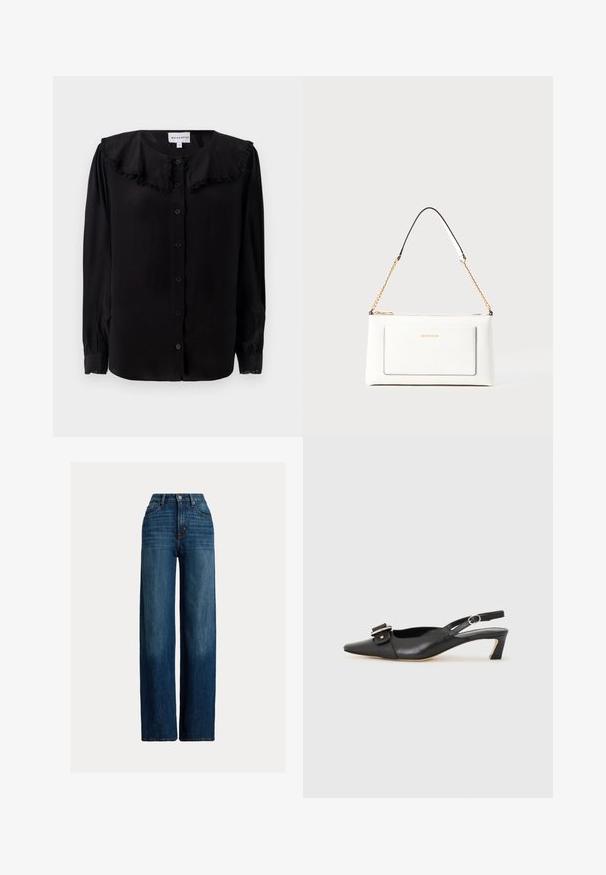 Svart langermet bluse med rynket krage, frontknapper og smale mansjetter. Laget av et glatt stoff med en subtil glans.; Bredde ben denimjeans i mørkeblå. Har høy midje, knapplukking og klassisk fem-lommers design. Glatt tekstur med subtile falminger.; Svarte skinn slingback-sko med spiss tå, liten hæl og dekorativ spenne-detalj på overdelen. Glatt tekstur, minimalistisk design.; Hvit lærveske med teksturert overflate, utstyrt med gullkjede for å bære over skulderen og svarte detaljer. Inkluderer en frontlomme og glidelås.
