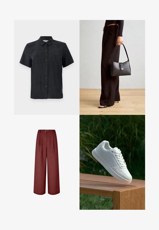 Cămașă cu mânecă scurtă, cu guler, de culoare neagră, fabricată dintr-un material moale. Prezintă cinci nasturi în față și un etichetă mică pe lateral.; Pantaloni evazați într-o nuanță bogată de burgund, confecționați dintr-un material neted. Au o talie, pliseuri la față și o închidere cu un singur nasture.; Sneaker alb cu un upper sintetic neted, cu vârf perforat, șireturi plate și o talpă texturată, expus pe o suprafață de lemn.; Genți negre cu o formă structurată, textură netedă și un închizător metalic. Asortată cu pantaloni negri largi și sandale cu vârf deschis pe un podea din lemn.; Set de cercei aurii, cu diverse designuri, inclusiv cercei tip stud, cercei hoop și cercei lungi cu perle și strassuri.