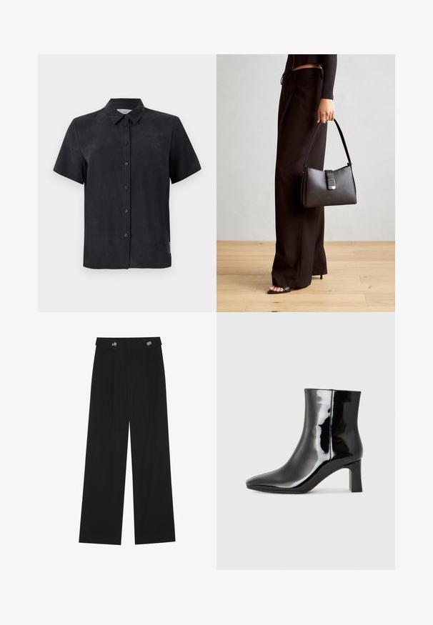 Short-sleeved, collared shirt in black, made of soft fabric. Features five front buttons and a small tag on the side.; Black wide-leg trousers with high waist, button details on waistband, and front pleats.; Black patent leather ankle boot with a pointed toe and a mid-height block heel. Smooth texture and minimalist design.; Black handbag with structured shape, smooth texture, and a metallic clasp. Paired with wide black pants and open-toe sandals on wooden floor.
