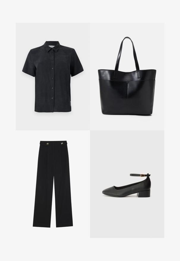 Kurzärmliges, mit Kragen versehenes Hemd in Schwarz, aus weichem Stoff. Verfügt über fünf Knöpfe auf der Vorderseite und ein kleines Etikett an der Seite.; Schwarze weite Hosen mit hoher Taille, Knopfdetails am Bund und vorderen Falten.; Schwarze Lederpumps mit spitzem Zehenbereich und niedrigem Blockabsatz. Mit einem Knöchelriemen und einer goldfarbenen Schnalle. Glatte Textur.; Schwarze Leder-Shopper-Tasche mit zwei langen Griffen, einer glatten Textur und einer strukturierten Form. Verfügt über eine Vordertasche für zusätzlichen Stauraum.