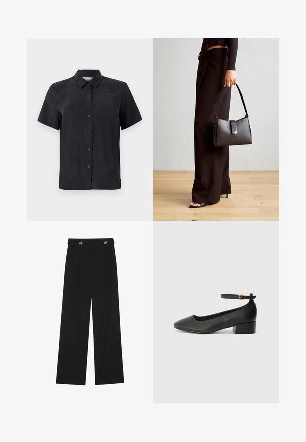 Kortermet skjorte med krage i svart, laget av myk stoff. Har fem knapper foran og et lite merke på siden.; Svart vide bukser med høy midje, knappdetaljer på midjebåndet og frontplisser.; Sorte skinnpumper med spiss tå og lav blokkhelt. Har ankelrem med gullfarget spenne. Glatt tekstur.; Svart håndveske med strukturert form, jevn tekstur og metallisk lås. Kombinert med brede svarte bukser og sandaler med åpen tå på tregulv.