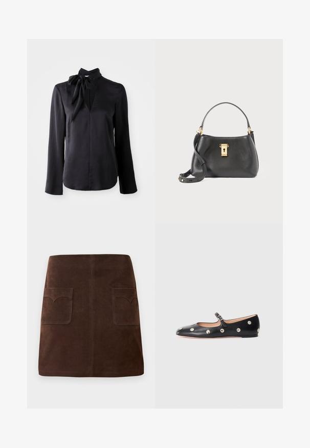 Crna bluzica dugih rukava od glatkog materijala s V-izrezom i detaljem čvoranog ovratnika. Ima ravni kroj i suptilne šavove.; Smeđa suknja od antilopa s klasičnim A-linijom, dva prednja džepa s zaobljenim poklopcima i suptilnim detaljima šivanja.; Crne kožne Mary Jane balerinke s zaobljenim vrhom, koje sadrže srebrne kružne zakovice i podesivu traku s kopčom.; Crna kožna torbica s teksturiranim završetkom, s zlatnom bravicom, kratkom drškom i uklonjivim remenom za rame.