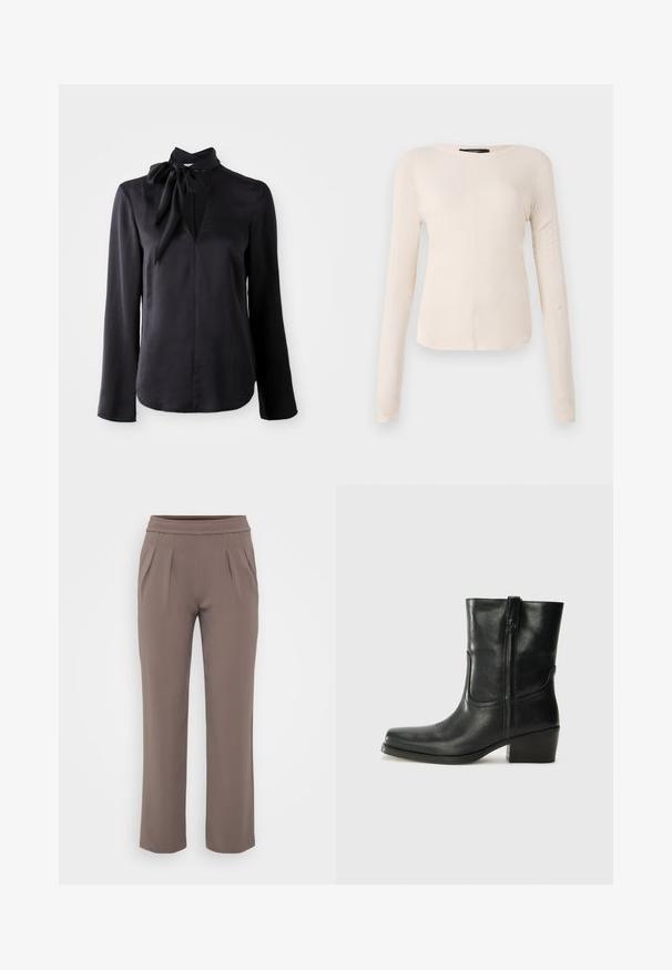 Bluză lungă cu mânecă neagră dintr-un material neted, cu decolteu în V și detaliu la guler legat. Prezintă un croi dreaptă și accente de cusătură subtile.; Top cu mânecă lungă, de culoare bej deschis, cu decolteu rotund. Realizat dintr-un material moale, prezintă o cusătură centrală și un tiv ușor curbat. Fără elemente de prindere vizibile.; Pantaloni bej cu croi lejer, talie elastică și pliuri frontale, confecționați dintr-un material neted.; Botine din piele neagră, cu vârf rotund, toc pătrat, fermoar pe lateral și accente de cusături pe partea superioară. Textură netedă, design clasic.