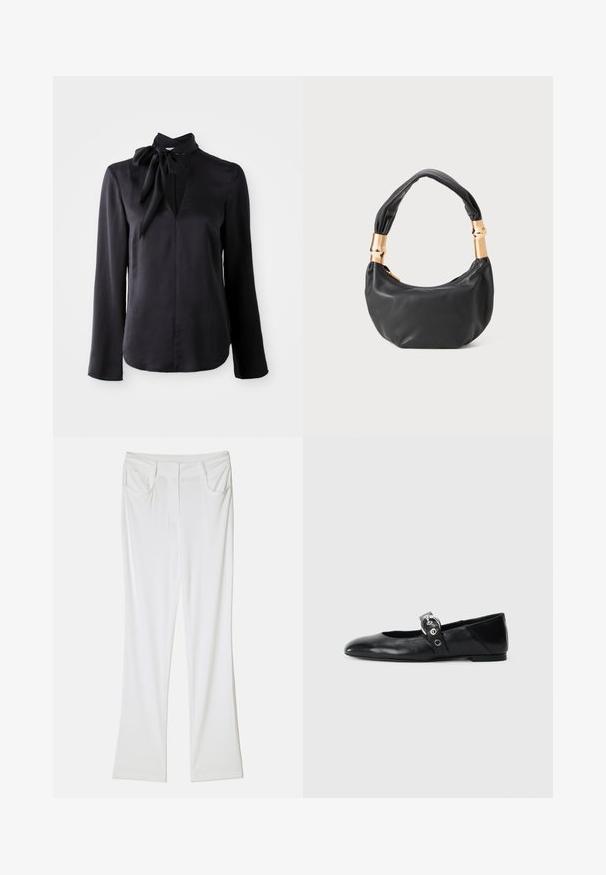 Schwarze Bluse mit langen Ärmeln aus glatter Stoffqualität, mit V-Ausschnitt und einer gebundenen Kragenverzierung. Besitzt einen geraden Schnitt und dezente Nähte.; Weiße, weit geschnittene Hosen aus glattem Stoff mit zwei Vorderaschen und einem genähten Bund für einen figurbetonten Look.; Schwarze Ballettflat mit spitzer Spitze, ausgestattet mit einem Riemen und einer runden, metallischen Schnalle sowie einer flachen Sohle.; Schwarze Lederhandtasche mit runder Form, weicher Textur und einem geknoteten Griff mit goldfarbenen Hardware-Akzenten. Reißverschlussverschluss.