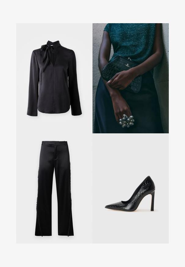 Blusa nera a maniche lunghe in tessuto morbido con scollo a V e dettaglio colletto annodato. Presenta un taglio dritto e sottili accenti di cucitura.; Pantaloni in satin nero con gambe larghe, caratterizzati da dettagli in frange lungo le cuciture laterali e una cintura piatta in vita. Retro semplice senza tasche.; Scarpa nera con punta a punta alta in pelle di coccodrillo, caratterizzata da un design elegante, alto tacco a spillo e interno nero liscio.; Clutch bag nera con motivo coccodrillo e hardware argentato, appoggiata su uno sfondo grigio texture. Presenta una superficie lucida.
