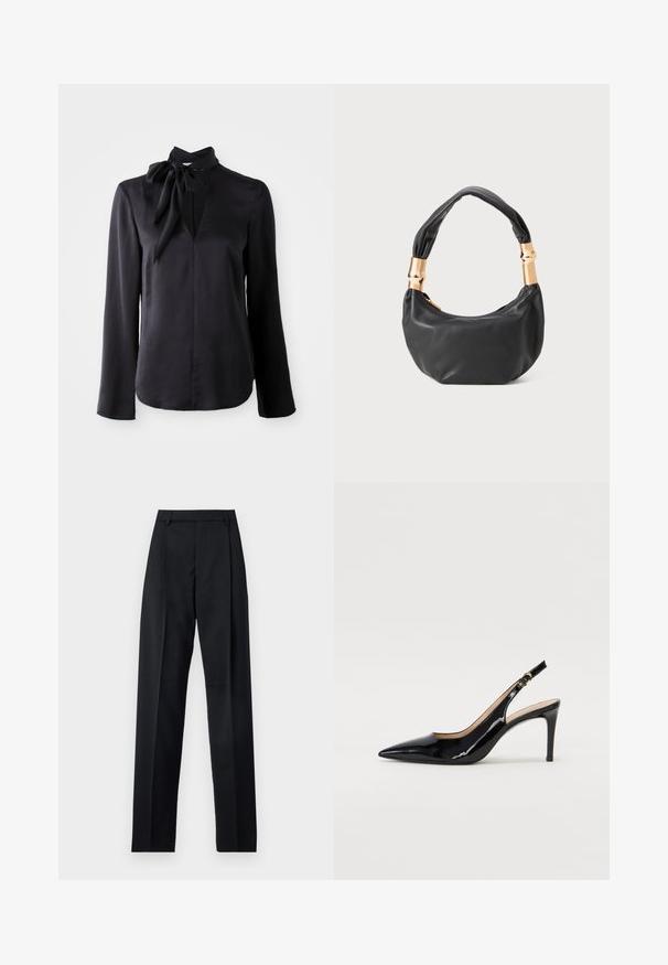 Blusa nera a maniche lunghe in tessuto morbido con scollo a V e dettaglio colletto annodato. Presenta un taglio dritto e sottili accenti di cucitura.; Pantaloni neri realizzati in tessuto morbido, caratterizzati da vita alta, gambe larghe, pince frontali e classiche passanti per cintura. Non ci sono tasche laterali visibili.; Pumps slingback in pelle verniciata nera con punta affilata, tacco sottile e un design con ritagli delicati. Caratterizzate da una fibbia dorata sul cinturino.; Borsa a tracolla in pelle nera con una forma rotonda, texture morbida e manico annodato con dettagli in metallo dorato. Chiusura con zip.