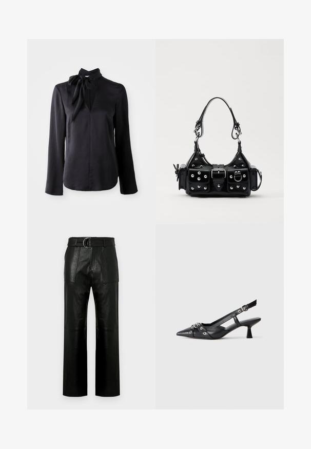 Juoda ilgomis rankovėmis bliuska iš lygios medžiagos su V formos iškirpte ir surišamu apykaklės detalė. Turi tiesų kirpimą ir subtilius siuvinėjimo akcentus.; Aukštos juosmens juodos odinės kelnės su plačiomis kojomis, dideliais priekiniais kišenėmis ir atitinkamu diržu su dvigubu žiedu.; Juodas odinis slingback tipo batai su smailiu priekiniu atvartu, dekoratyvinėmis sagtimis su metaliniais akyčiais ir žemu blokiniu kulnu. Saldus paviršius.; Juodas odinis rankinukas su kreiviu dizainu, su sidabro spalvos knopkėmis, užsegimu ir dviem šoninėmis kišenėmis. Reguliuojama dirželis nešimui.