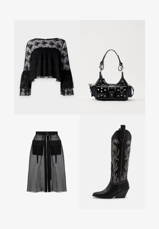Čierna blúzka s dlhými zvonovými rukávmi, s textúrovaným rebrovým telom a priehľadným kvetinovým čipkovým prelivom. Okrúhly výstrih a zapínanie na gombík na chrbte.; Čierna priesvitná sukňa s naťahovacím pásom, ktorá má dve veľké predné vrecká, opasok na viazanie a kruhový kovový akcent.; Čierne kožené kovbojské čižmy s špicatými prstami, klinovými podpätkami a striebornými vyšívanými kvetinovými vzormi po celej dĺžke. Kontrastné šitie po celom povrchu.; Čierna kožená kabelka s zakriveným dizajnom, doplnená striebornými cvočkami, prackou a dvoma bočnými vreckami. Nastaviteľný popruh poskytuje rôzne možnosti nosenia.