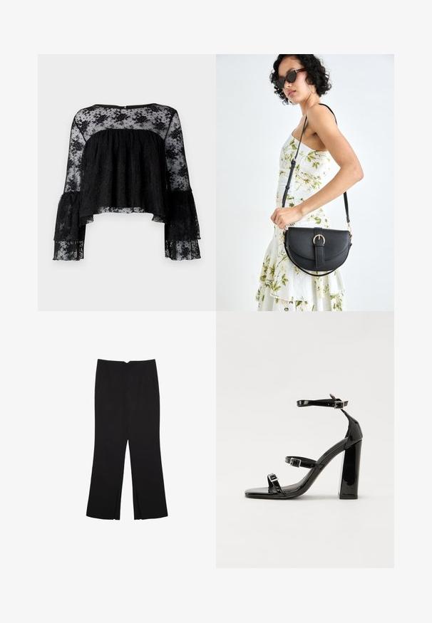 Schwarze Bluse mit langen Glockenärmeln, ausgestattet mit einem strukturierten gerippten Oberteil und einem transparenten floralen Spitzenüberzug. Gerundeter Ausschnitt und Knopfverschluss hinten.; Schwarze Hose mit geradem Schnitt, ausgestattet mit Fronttaschen und Seitenschlitzen am Saum. Hergestellt aus weichem, glattem Stoff. Geeignet für verschiedene Anlässe.; Schwarze patentierte Sandalen mit Absatz, quadratischer Spitze, Knöchelriemen und silbernen Schnallen. Mit einem stabilen Blockabsatz für mehr Stabilität.; Schwarze Lederhandtasche mit geschwungener Form, abnehmbarem Tragegurt und goldenen Beschlägen. Die Tasche verfügt über einen Deckel mit einer Schnallen-Details.