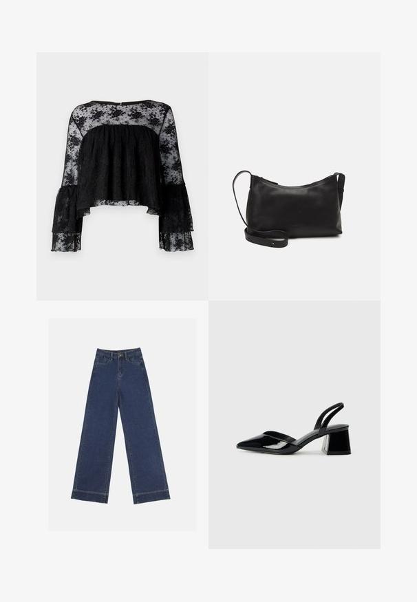 Črna bluzica z dolgimi zvonastimi rokavi, ki ima teksturirano rebrasto telo in prosojni cvetlični čipkast prekrivni sloj. Okrogla izrezana vrata in zapiranje na gumb na hrbtni strani.; Široke traperice v temno modrem denimu. Imajo pet žepov, zanke za pas in surov rob na dnu z vidnimi šivi.; Črne lakirane slingback pete s koničastim nosom in geometrijsko blokasto peto. Imajo eleganten, minimalističen dizajn in gladko teksturo.; Črna usnjena torba čez ramo z gladko teksturo, ukrivljeno obliko, nastavljivim trakom in zadrgo. Minimalističen dizajn brez okrasnih detajlov.