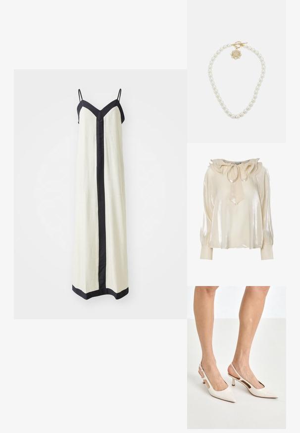 Gaiši krēmkrāsas blūze ar satīna spīdumu, volānu apkakli, ar lokā atgādinošu detaļu un garām, pieguļošām piedurknēm ar savāktiem pincetēm.; Kreimas bezpaguļu maksi kleita ar dziļu V veida kaklu un melnu apdari gar malām un priekšu. Izgatavota no viegla auduma.; Beidzējo oriģinālo bežējo lakotā ādas kurpju papēžus ar norādītu degunu un 5 cm papēdi, kas iekļauj izgrieztās sānu daļas un plānu potītes siksniņu.; Balta ziedu somiņa ar savelktu auduma virsmu, zeltīta toņa ķēdes siksna un metāla sprādze. Iekļautas teksturētas ziedlapiņas papildus detaļām.; Lauren Ralph Lauren COLLAR - Kaklarota - gold-coloured/white