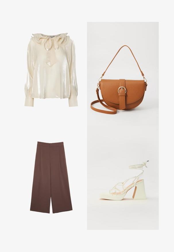 Svetlá krémová blúzka so saténovým leskom, volánikový výstrih, detail s mašľou a dlhé, priliehajúce rukávy s naberanými manžetami.; Hnedé nohavice so širokými nohavicami a hladkou textúrou, s vysokým pásom a prednými skladmi. Tkanina je ľahká a voľne sa pohybuje.; Biele sandále na vysokom opätku s hrubým podpätkom, s pruhovaným dizajnom a viazaním na členku. Hladký povrch s platformou vpredu pre zvýšenú výšku.; Hnedá kožená kabelka cez telo s zakriveným tvarom, zlatými kovovými doplnkami a akcentom s prackou. Obsahuje odnímateľný ramenný popruh.