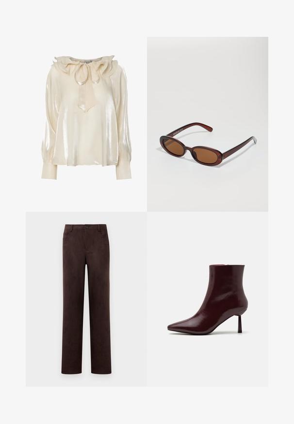 Šviesiai kreminė bluzelė su atlasiniu blizgesiu, raukšlėta iškirpte, kaspino detalėmis ir ilgomis, prigludusiomis rankovėmis su sutrauktomis užbaigomis.; Tiesios kojų tamsiai rudos suede kelnės su priekyje esančiu mygtuku ir užtrauktuku, diržo kilputėmis ir šoninėmis kišenėmis.; Burgundiško spalvos patentuotas odos kulkšninis batus su smailiu kojų pirštu ir plonu stiletu kulnu, pasižymintys sklandžia, blizgia tekstūra ir minimalistiniu dizainu.; APvalūs, rudos spalvos saulės akiniai su blizgia burgundinės spalvos rėmeliu. Plonos šakutės su subtiliu ženklinimu. Lygus objektyvo dizainas.; Austis raudonas pintas rankinės su apvalia forma ir viena rankena, kuri turi tekstūruotą paviršių ir elastingą raištelį.