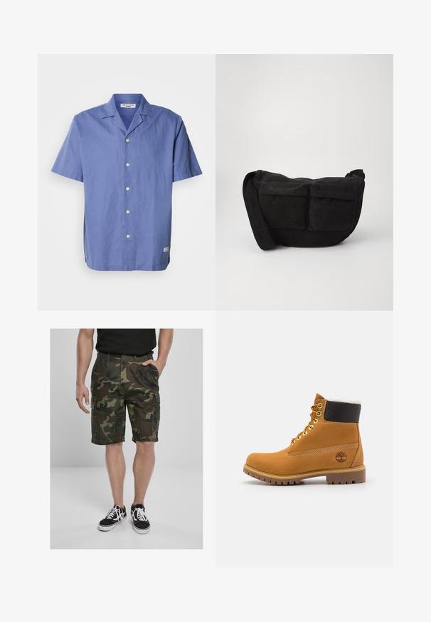 Rövid ujjú, világoskék vászon ing, camp gallérral, elől gombokkal és egy kis címkével az oldalsó szegélyen. Simaszerkezet.; Zöld és barna árnyalatú, szövetből készült kamuflázs cargo rövidnadrág, cargo zsebekkel. Fekete sneaker cipőkkel párosítva, fehér fűzőkkel.; Barna bőrből készült bokacsizma fém fűzőlyukakkal, fehér szőr béléssel, fekete párnázott gallérral, strapabíró talppal és dombornyomott logóval az oldalán.; Fekete kordbársony keresztpántos táska állítható pánttal, elülső zsebekkel és puha tapintással. Kompakt dizájn minimális részletezéssel.