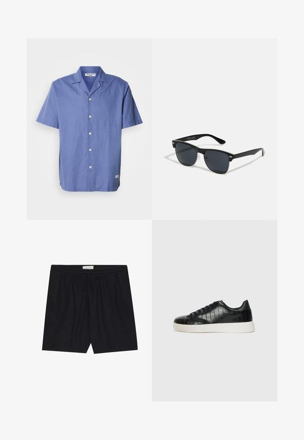 Koszula z krótkim rękawem, w jasnoniebieskim kolorze, wykonana z lnu, z kołnierzykiem typu camp, z przodu zapinana na guziki oraz z małą metką na bocznym dolnym brzegu. Gładka faktura.; Czarne szorty z elastycznym paskiem w talii i sznurkiem, o gładkiej fakturze i prostym kroju, idealne do codziennego noszenia.; Czarne sneakersy z teksturowaną cholewką ze skóry z tłoczeniem w kształcie krokodyla, okrągłym noskiem oraz kontrastującą białą gumową podeszwą o gładkim wykończeniu.; Czarne okulary przeciwsłoneczne o prostokątnym kształcie, ciemnych soczewkach, srebrnych akcentach na zausznikach oraz matowym wykończeniu oprawki.