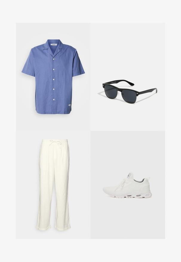 Camisa de manga curta, azul claro, feita de linho, com colarinho tipo camp, botões na frente e uma pequena etiqueta na bainha lateral. Textura suave.; Calças de linho em off-white com um cós elástico, pernas ligeiramente largas e acabamentos dobrados para um ajuste descontraído. Sem bolsos.; Ténis atléticos brancos com um superior em malha texturizada, atacadores planos e uma sola acolchoada com câmaras de ar visíveis para maior suporte.; Óculos de sol pretos com forma retangular, lentes escuras, detalhes em prata nas hastes e um acabamento mate na armação.