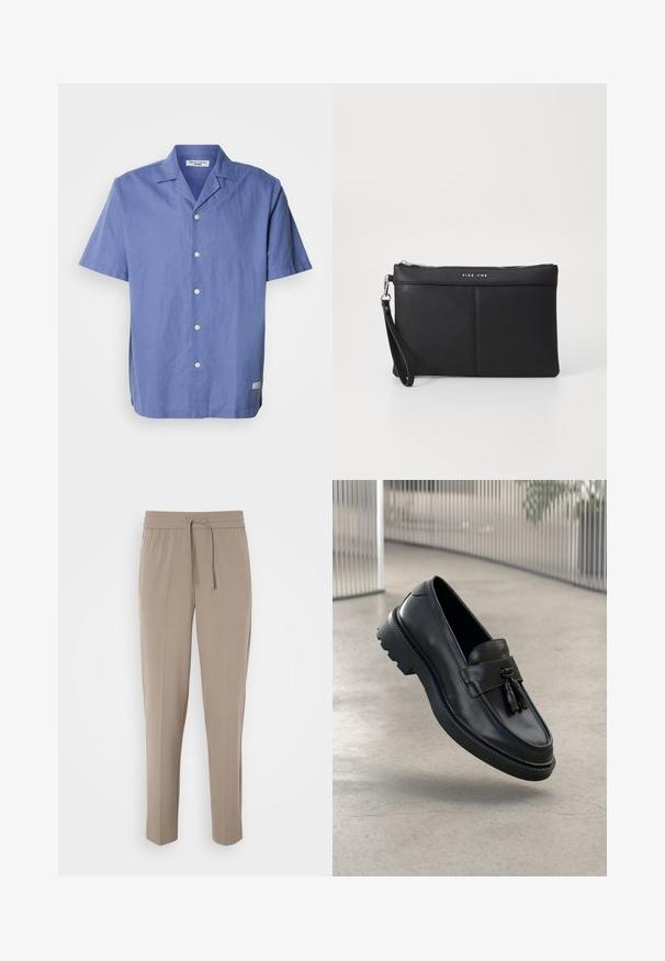 Košela s krátkym rukávom, svetlomodrá, vyrobená z ľanu, s kempovým golierom, prednými gombíkmi a malou nášivkou na bočnej hrane. Hladká textúra.; Svetlo béžové nohavice s elastickým pásom, nastaviteľnou šnúrkou a zúženými nohavicami. Tkanina vyzerá hladko s jemným leskom.; Čierne kožené mokasíny s hladkým povrchom, dekoratívnym strapcom, hrubou gumovou podrážkou a prešívanými detailmi. Ľahký a elegantný dizajn.; Čierna syntetická kabelka na ruku so zipsovým uzáverom a hladkým povrchom. Obsahuje jemné prešitie a logo vyrazené na prednej strane.