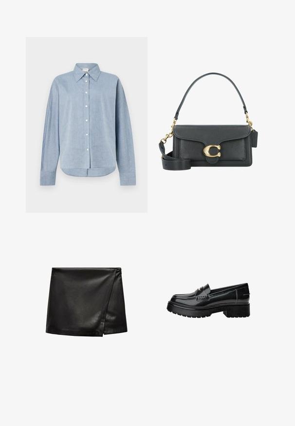 Light blue button-up shirt in lightweight fabric, featuring a pointed collar, long sleeves, and a curved hemline. Classic button details.; Black leather mini skirt with a wrap design, featuring a smooth texture and minimalistic style. No visible hardware or patterns.; Black patent leather loafers with a chunky sole, featuring a decorative strap and subtle stitching detail. Rubber texture on the outsole.; Black leather handbag with a gold hardware accent, featuring a signature clasp, a detachable shoulder strap, and textured surface.
