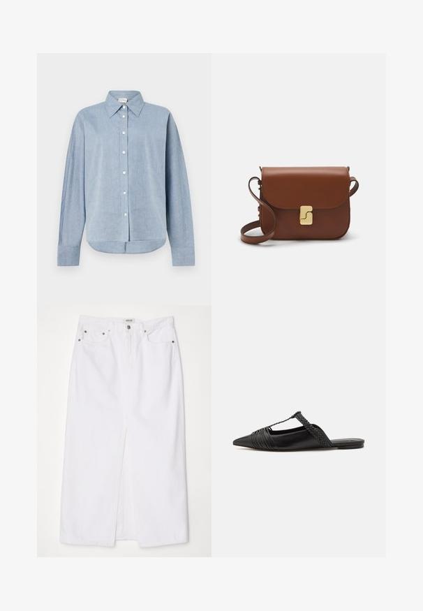 Lichtblauw overhemdd met lange mouwen, gemaakt van lichtgewicht stof, met een puntige kraag en een gebogen zoom. Klassieke knoopdetails.; Witte spijkerrok met een voorklep, vijf-pocket ontwerp, metalen knop- en ritsluiting, en gestikte zoomdetails.; Zwarte leren slingback schoen met een puntige neus, voorzien van een gevlochten accent en geplooid ontwerp aan de bovenkant. Platte zool met minimale hardware.; Bruine leren handtas met een klep sluiting, gouden hardware, een schouderband en een gladde textuur. Compact rechthoekige vorm.