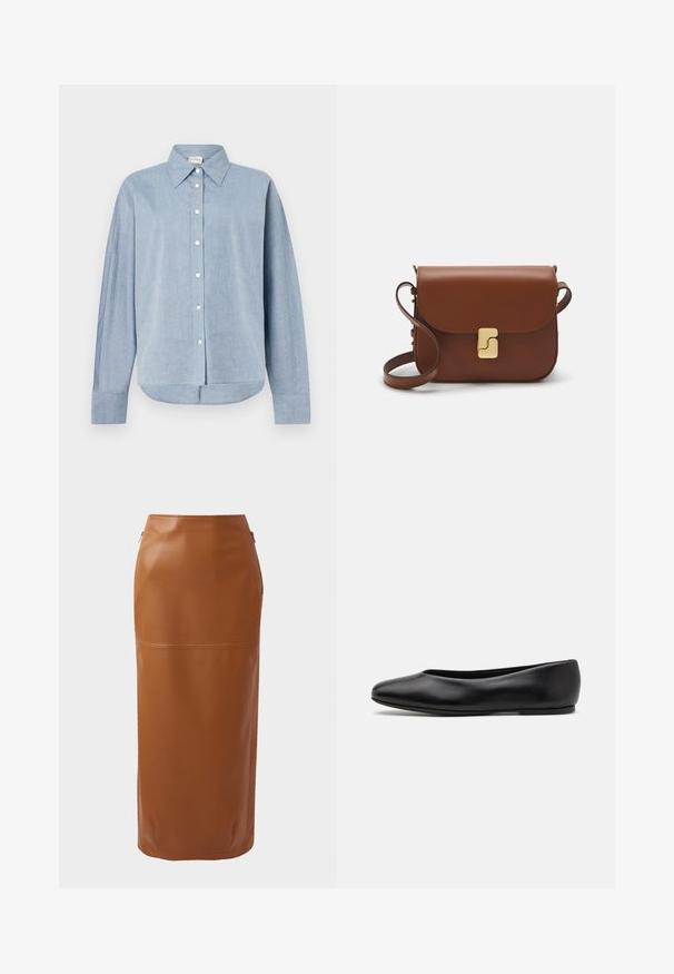Hellblaues Button-Up-Hemd aus leichtem Stoff, mit einem spitzen Kragen, langen Ärmeln und einem abgerundeten Saum. Klassische Knopfdetails.; Dunkelgraues, langärmeliges, gekürztes T-Shirt aus einem leichten, leicht strukturierten Stoff. Hat einen runden Halsausschnitt und eine lockere Passform.; Brauner Leder-Midi-Rock mit einer figurbetonten Silhouette, seitlichen Reißverschlüssen und einer glatten Textur. Verfügt über ein horizontales Nahtdetail nahe dem Saum.; Paul Smith TOPANGA - Klassischer Ballerina - black; Braune Ledertasche mit Klappenverschluss, Beschlägen in Goldfarbe, einem Schultergurt und einer glatten Oberfläche. Kompakte rechteckige Form.