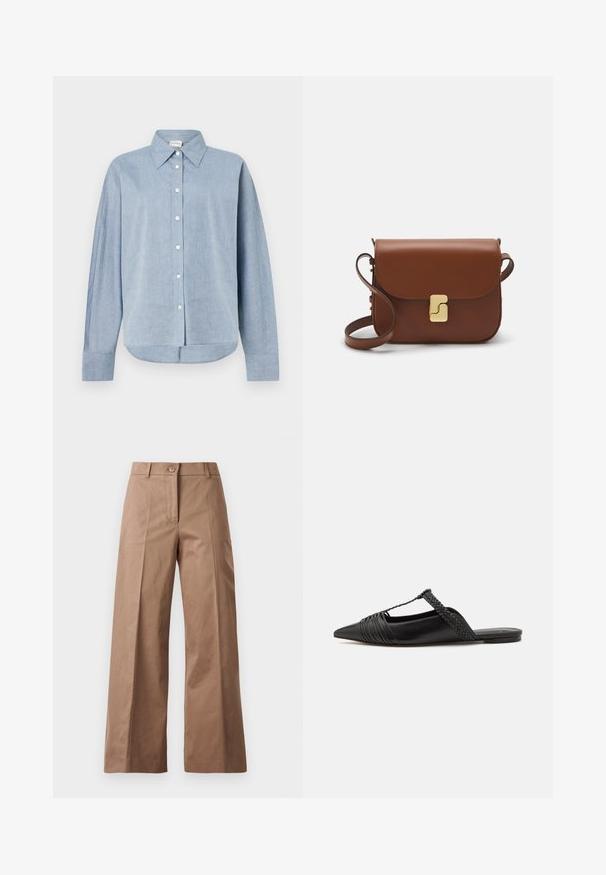 Camisa de botones azul claro en tejido ligero, con cuello puntiagudo, mangas largas y dobladillo curvado. Detalles clásicos de botones.; Pantalones de pierna ancha marrones, confeccionados en una tela suave, con un cierre frontal de botón, dos bolsillos frontales y líneas limpias y ajustadas.; Zapato de piel negra tipo slingback con punta afilada, que presenta un detalle trenzado y un diseño superior plisado. Suela plana con hardware mínimo.; Bolso de mano de cuero marrón con cierre de solapa, herrajes en tono dorado, correa para el hombro y una textura suave. Forma rectangular compacta.