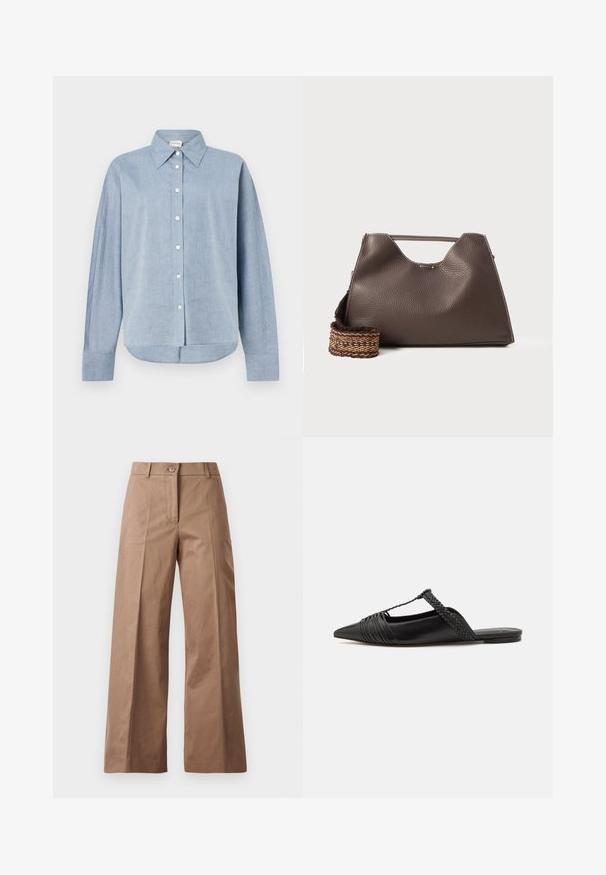 Camicia azzurro chiaro con bottoni in tessuto leggero, caratterizzata da un colletto a punta, maniche lunghe e orlo curvo. Dettagli classici con bottoni.; Pantaloni larghi marroni realizzati in un tessuto morbido, con chiusura frontale con bottone, due tasche anteriori e linee pulite e sartoriali.; Scarpa slingback in pelle nera con punta appuntita, con un dettaglio intrecciato e un design superiore plissettato. Suola piatta con hardware minimale.; Borsa a mano in pelle marrone con finitura texturizzata, design angolare e un manico superiore distintivo. Presenta un dettaglio a tracolla intrecciato con motivo.