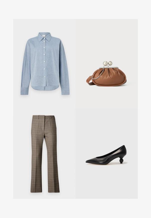 Light blue button-up shirt in lightweight fabric, featuring a pointed collar, long sleeves, and a curved hemline. Classic button details.; Brown plaid trousers with a straight leg cut, featuring a textured fabric and subtle colors of beige and darker browns throughout the pattern.; Black leather high heel shoe with a pointed toe and a round, balled heel. Smooth texture with a sleek, minimal design.; Brown leather clutch purse with silver ball clasp and a small silver chain detail on a white background.